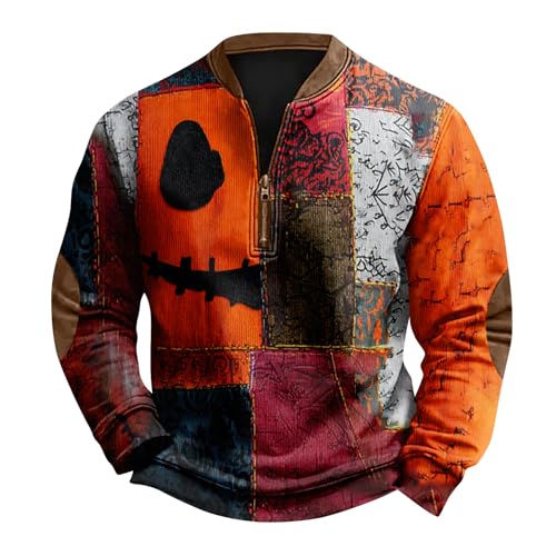 Halloween Spooky Face Patchwork Print Sweater Pumpkin Face Sweatshirt for Men Quarter Zip Pullover