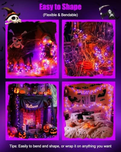 Image of Brightown Halloween Fairy Lights Battery Operated, 10 FT 120LED Firecracker String Lights, Silver Wire Firefly Lights for Bedroom Home Haunted House Indoor Outdoor Holiday Decorations, Orange & Purple