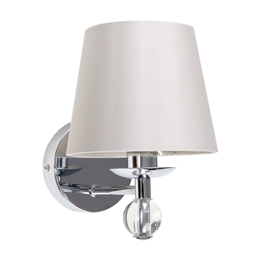 MiniSun | Modern Polished Chrome & Genuine Clear K9 Lead Crystal Wall Light with a Tapered Grey Fabric Shade | Outdoor Lights, Home Décor Essential | Includes Bulb [3000K Warm White] | Mains Wired