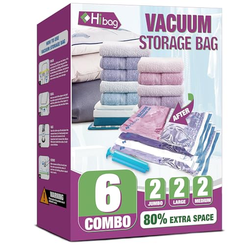 HIBAG Vacuum Storage Bags Space Saving 6 Pack with Hand Pump (6 Combo (2L + 2M + 2S))