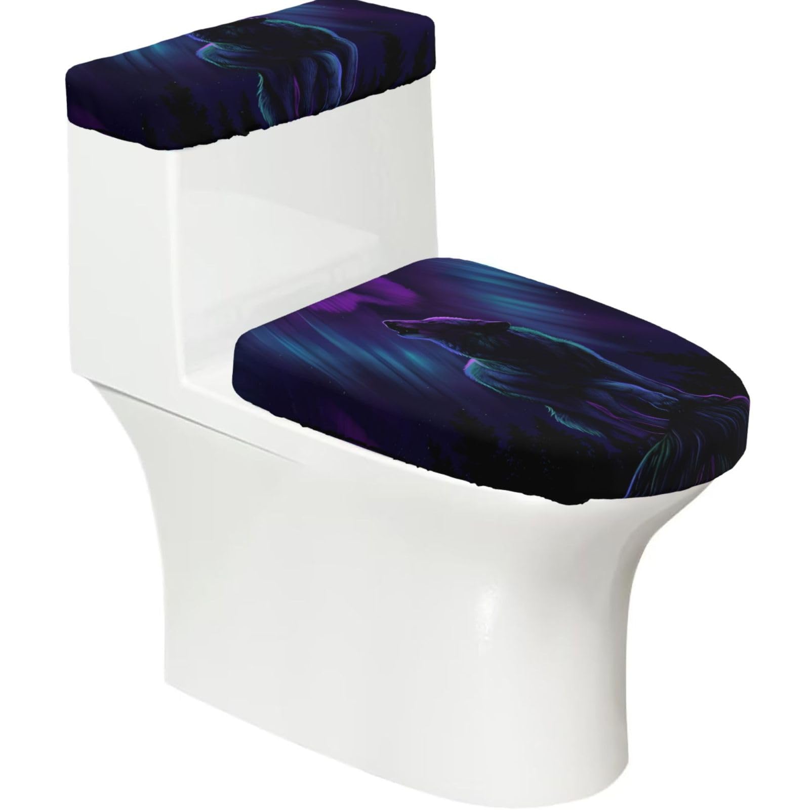 Wolves Howl in the Northern Lights 2-Piece Toilet Seat Cover Set with Tank Lid - Elastic for U-Shape & Elongated - Bathroom Decor