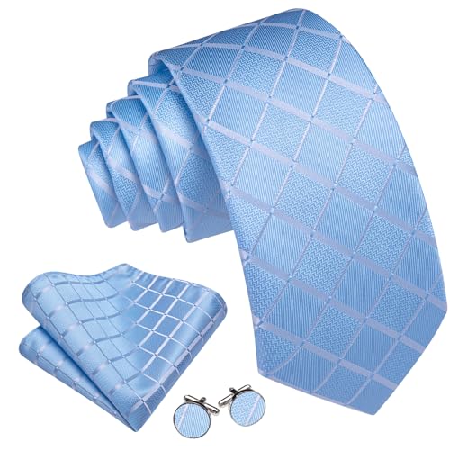 Image of Barry.Wang Plaid Ties for Men Silk Necktie Handkerchief Cuff Links Set