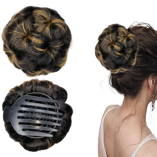 Image of TEMPERIA Hair Buns for Women - Juda Accessories For Women - Hair Buns Clip - Artificial False Fake Hair Donuts Bun Maker Extension - Brown Highlight Shade - Pack of 1