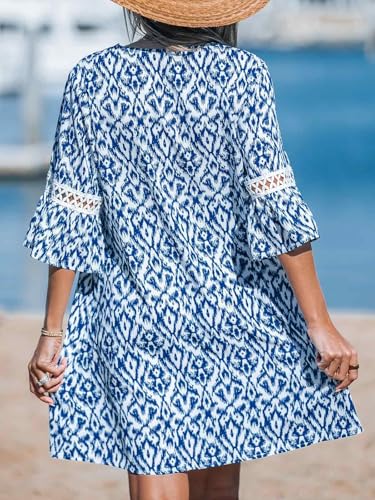 Image of CUPSHE Women V Neck Lace Trim Mini Summer Dress Cover Up 3 /4 Sleeve Ruffled Cuff Casual Sundress Beach Dresses Cover Ups