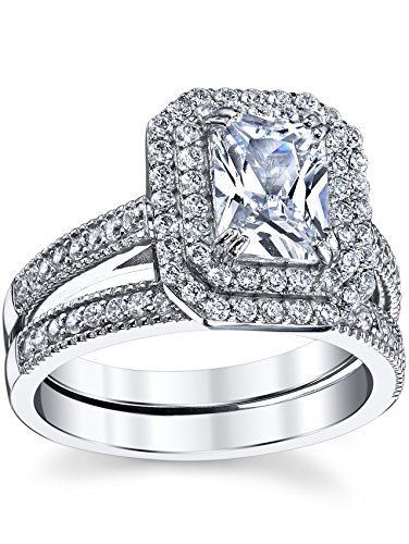 2 Carat Emerald-cut Sterling Silver 925 Double Halo Cubic Zirconia Wedding Engagement Ring Bridal Set3