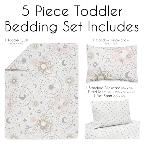 Image of Sweet Jojo Designs Blush Pink, Gold, Grey and White Star and Moon Celestial Girl Toddler Kid Childrens Bedding Set 5 Pieces Comforter, Sham and Sheets