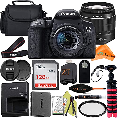 Canon EOS 850D / Rebel T8i DSLR Camera with 18-55mm f/4-5.6 Zoom Lens + ZeeTech Accessory Bundle, SanDisk 128GB Memory Card, Case and Tripod (Renewed)