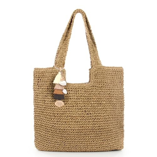 RUNROLE Straw Beach Tote Bag with Tassel Hat Clip for Travel Vocation, Lightweight Raffia Summer Shoulder Bag for Women - Main Image