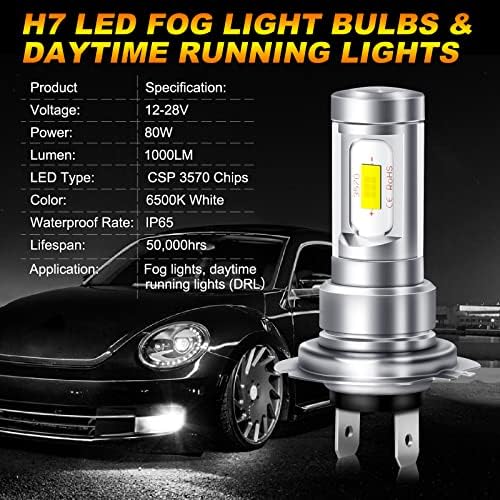 OPP ULITE H7 Led Fog Light Bulbs, High Power 80W Super Bright 6000K Xenon White 2000 Lumens Waterproof Replace for Driving Daytime Running Lights DRL or Fog Lights -2PCS (V13)