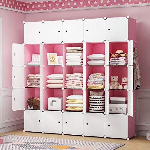 YOZO Cube Storage Organzier Portable Closet Wardrobe Bedroom Dresser (71x14x71 inches) Portable Closet Cube Shelf Armoire Pantry Cabinet, 25 Cubes, Pink