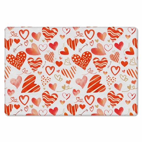 Valentine's Day Kitchen Bath Door Mat Cushioned Runner Rug,Washable Welcome Floor Sink Antifatigue Mat,Waterproof & Non-Slip Comfort Standing Doormat,Valentine Red Love Heart Simple White 18
