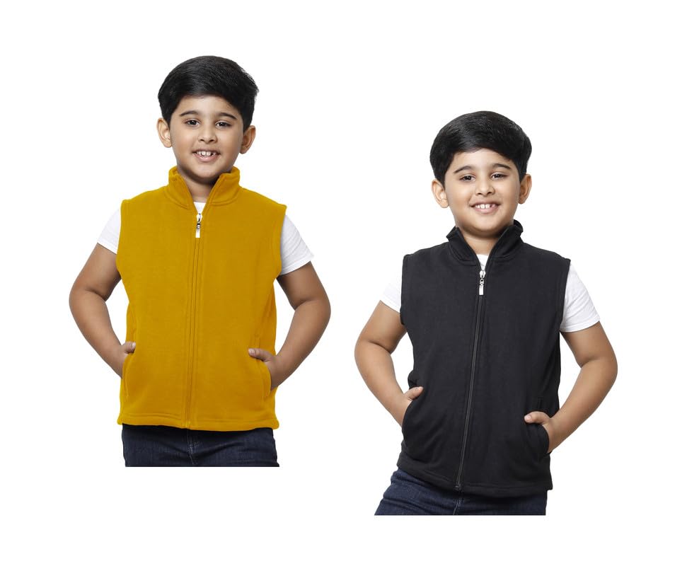 Image of IndiWeaves Boys Solid Fleece Warm Sleeveless Jackets for Winters (Pack of 2) Grey::Yellow