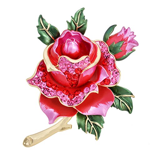 OBONNIE Hand Painted Enamel Austrian Crystal Blooming Red Rose Flower Brooch Pin Bridal Prom Jewelry
