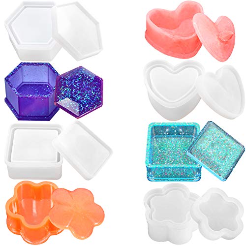 Box Resin Molds, Silicone Resin Molds 4 PCS Jewelry Box Molds with Square Epoxy Molds,Hexagon Storage Box Mold, Heart Shape Resin Mold and Flower Resin Molds for Resin Crafts DIY