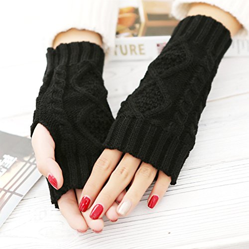 2 Pair Women's Hand Crochet Winter Warm Fingerless Arm Warmers Gloves 2 Pair(Black+DarkGray)