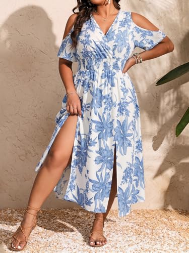 Image of Floerns Women's Plus Size Cold Shoulder Tropical Print V Neck Flared A Line Long Dress