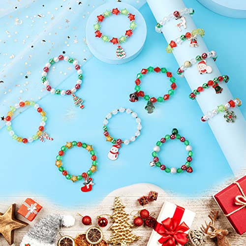Spiritlele 12 Pieces Christmas Bracelets Santa Claus Deer Tree Bell Charm Bracelets Costume Beaded Strand Stretch Bracelet Wristband Set4