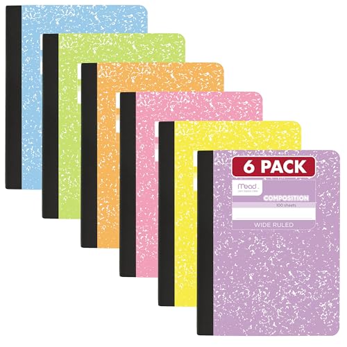 Cahier de composition Mead papier ligné large 100 feuilles pour fournitures scolaires, pack de 6