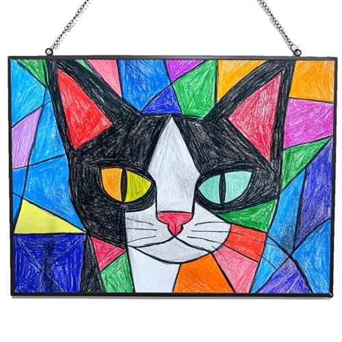 365CUSGIFTS Personalized Rectangle Abstract Cat Stained Glass Suncatcher Stained Glass Window Hanging Home Decor Garden Halloween Christmas Wedding Housewarming Gifts