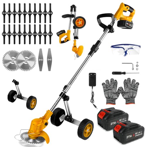 Desbrozadora Bateria, Cortadora de Césped Eléctrica Plegable con 2 baterías y 3 Cuchillas, Ruedas Desmontables, Varilla Telescópica, Cortabordes Eléctrico para Recortar Césped y Arbustos