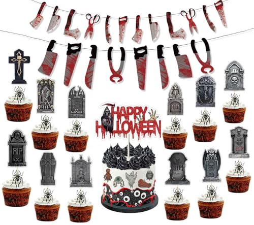 36 unidades de decoración de pasteles Terror de Halloween+33 Piezas Halloween Decoracion Casa Decoración Cuchillo Pancarta,decoración para tartas