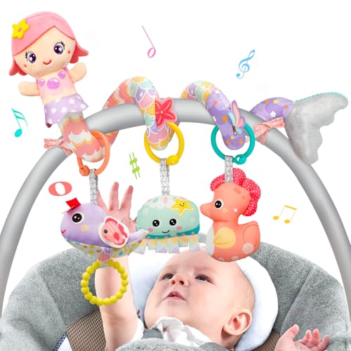 MONSTIME Car Seat Toys for Babies 0-6 Months Boy Girl Carseat Toys Hanging Spiral Stroller Toy, Infant Toy 0-6 Months Baby Newborn 0 3 Month Brain Development with Music Teether Rattle