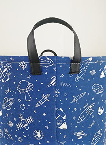 Image of Kids Laundry Hamper Clothes Gift Basket Storage Laundry Baskets Organizer Bin with Handles for Nursery Room (Navy Spaceship)