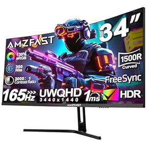 Amzfast 34 Zoll Curved Gaming Monitor - 165Hz(DP), 21:9 UltraWide QHD(3440x1440), 1 ms GtG, sRGB 130%, DCI-P3 95%, HDR, Adaptive Sync, Eyes-Care, VESA 75x75, HDMI 2.0*2/DP 1.4*2, PIP/PBP - AMZG34C5Q