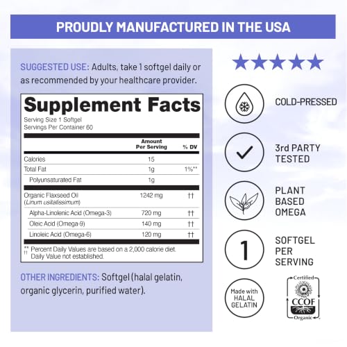 Image of NatureWise Flaxseed Oil 1200 mg, Fish Free Omega 3 6 9 with 720mg ALA - CCOF Certified Organic Flaxseed Oil - Plant-Based Omega - Cold Pressed, Non-GMO - 60 Softgels[2-Month Supply]