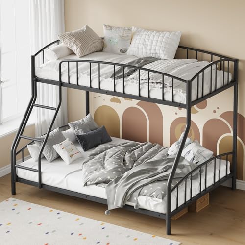 GarveeHome Metal Bunk Bed Twin Over Full, Heavy Duty Bunkbeds Frame with Arched Guardrail and Safety Ladder, Sturdy Steel Bed for Kids Boys Girls, Spa