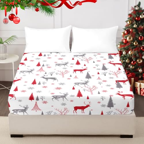 HCORA Christmas Fitted Sheet Only, 100% Brushed Microfibre Deep Pocket Fitted Bottom Sheet, Ultra Soft, Shrinkage and Fade Resistant, Full Size