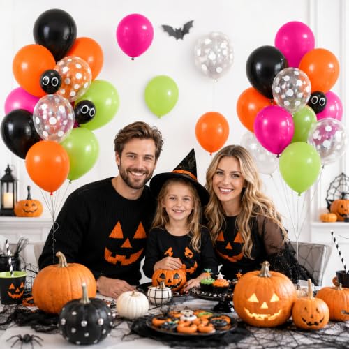 Image of Neon Halloween Balloons Bright Pink Green Orange Cute Halloween Party Decor | Hot Pink Lime Green Black 3D Bat Sticker Eyeball Bat Print Balloon for Kids Spooky Night Trick or Treat Backdrop Decorations