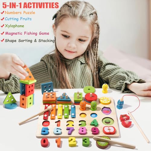 Image of Montessori Wooden Toys for Kids Toddlers Fishing Game Number Puzzles Shape Sorter Stacking Toy Wood Xylophone Cutting Fruit Color Matching Games Preschool Educational Fine Motor Skills Toy ( 5-in-1 )