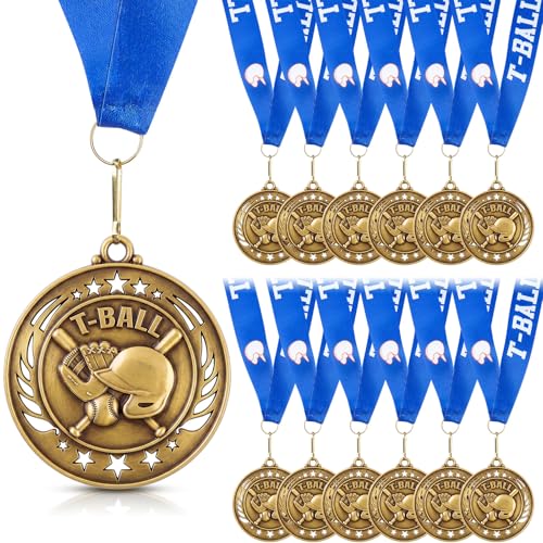 Liliaafar 12 Pack 12/36 Pack Gold Medals 2 Football Soccer Baseball Golf Basketball Metal Medals Bulk Metal Award Trophies for Adults Team Sports Event Prizes Gifts (T-Ball)