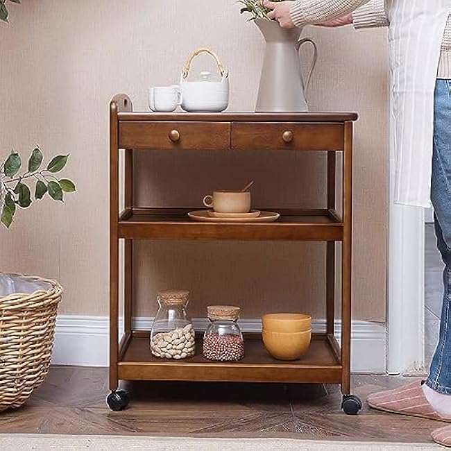3-Tier Kitchen Island Cart,Small Rolling Trolley Cart,Wood Industrial Style Serving Cart Utility Cart with 2 Drawers,for Dining Room,Home,Bar,Rustic Brown(Style 3)-ILrDFbBg