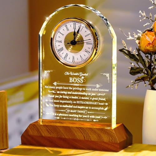 Image of Ornalrist Boss Glass Clock Gifts for Women Men with Wooden LED Light Base, Appreciation Gift for Best Boss, Gift Idea for Lady Boss Going Away Retirement Boss's Day Leader's Day Desk Office Decor