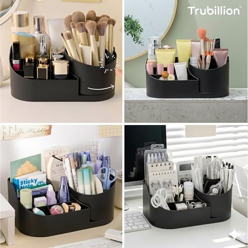 Image of Revolve 360 Degree Rotating Office Desk and Makeup Brush Organizer Stand,Multipurpose Organizer with 16 Compartments for Brushes,Pens,Stationary,Durable,No Installation Needed (360 - Black)