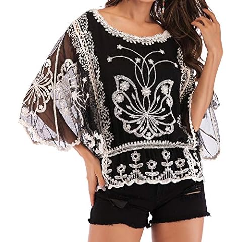 Qunsia Women's Embroidered Lace Batwing Blouse Poncho Tunic Top Butterfly Cover