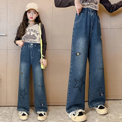 Kids Girls Baggy Jeans Floral Embroidery Elastic Wasit Wide Leg Loose fit Denim Pants Cute Casual Trousers with Pockets4
