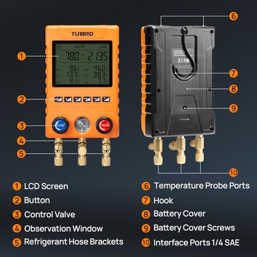 Image of TURBRO Digital Manifold Gauge Set | Digital, with 2 Temp Clamps & 3 Hoses, for HVAC Pressure & Temp Measurement