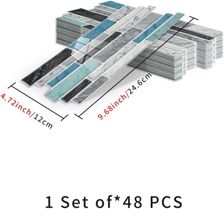 Heikki 48-Piece Self-Adhesive Kitchen Backsplash Tiles, 9.7“ x 4.7”, Marble-Look Splash Guard for Kitchens, Bathrooms, and Walls (Aqua Blue)