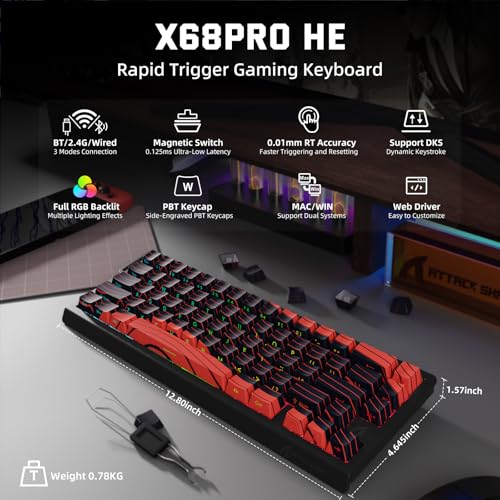 Image of ATTACK SHARK X68 PRO HE Wireless Rapid Trigger Gaming Keyboard with Adjustable Actuation,8K Polling Rate,Hall Effect Magnetic Switch,Hot-Swap,RGB Backlit,BT /2.4GHz /Wired,for FPS Games-Black&Red