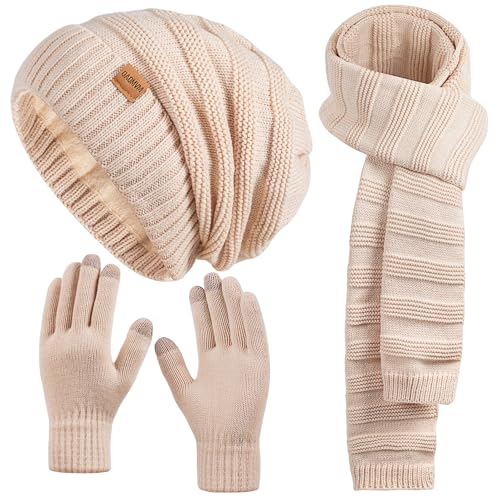Women Beanie Hat Scarf Gloves Set Fleece Lined Winter Warm Hat Kn...