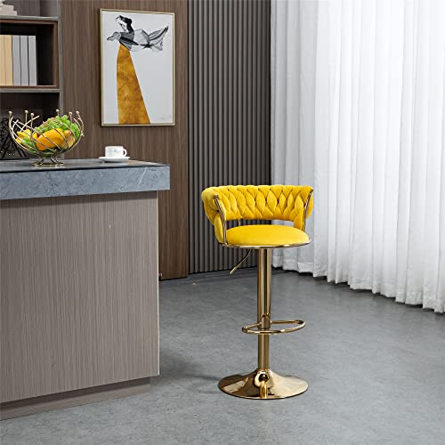Peihonget Velvet Woven Barstools Set Of 2, Height Adjustable Kitchen Counter Stool, Island Chair, 360°Swivel Bar Chairs Gold Metal Chassis And Low Back Bar Stool For Home Kitchen Pub (Yellow) #TOP7