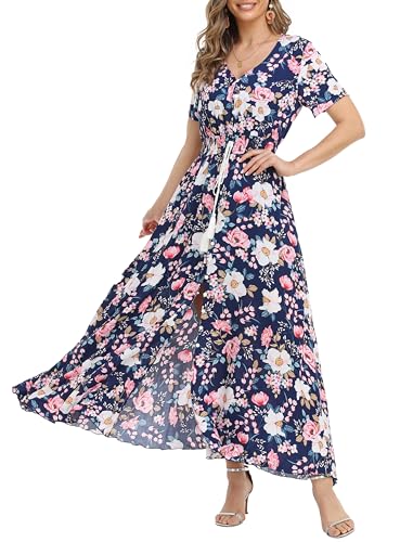 Image of VintageClothing Women's Floral Maxi Dresses Boho Button Up Split Summer Casual Long Dress Beach Party Dress