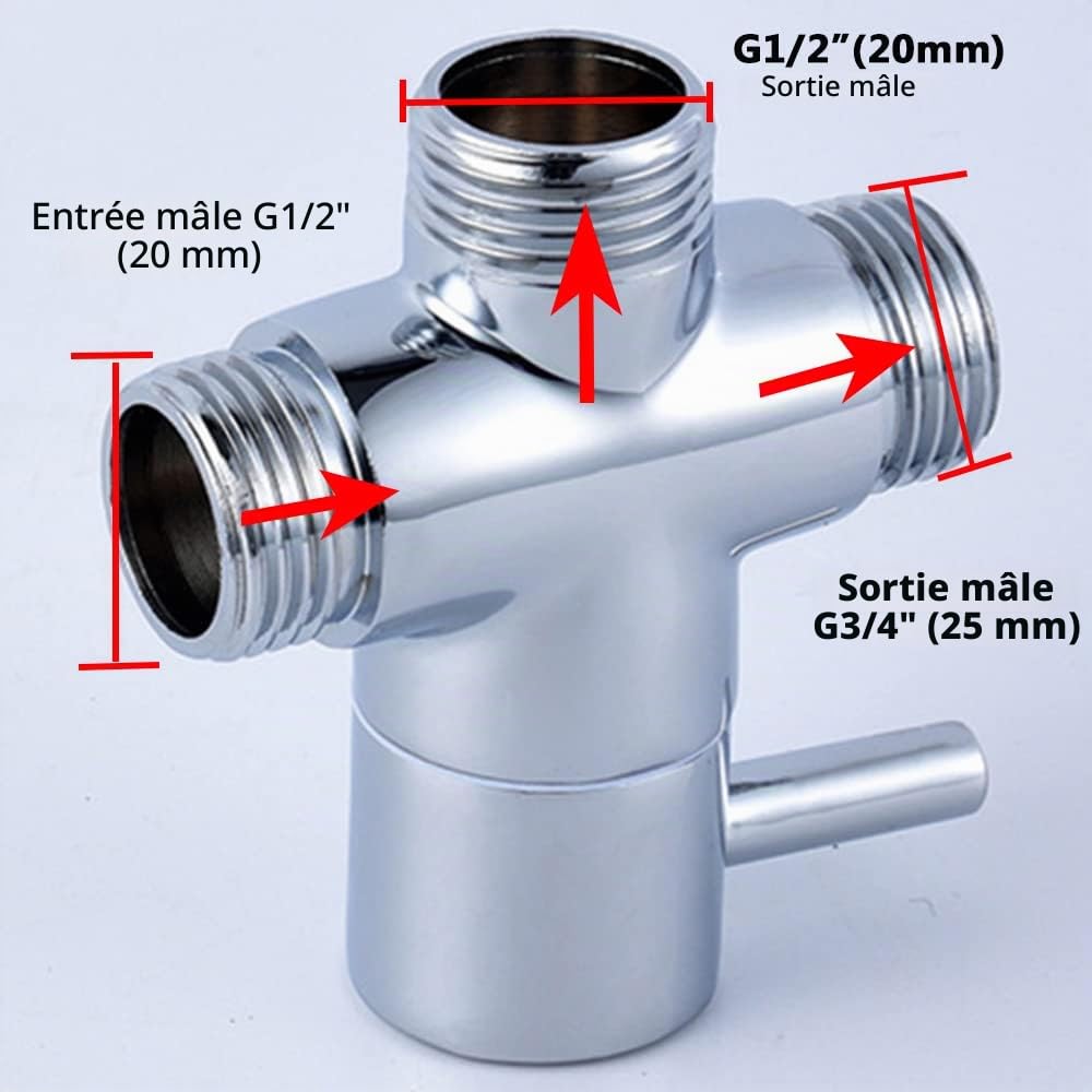Vanne de dérivation de douche, adaptateur en T à 3 voies pour inverseur de bras de douche, entrée mâle G1/2 x sortie G1/2 et G3/4