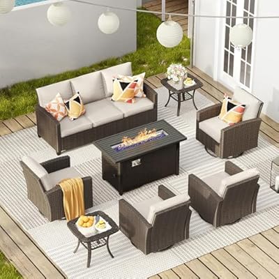 VICLLAX 8 Pieces Patio Furniture Set with 45-Inch Firepit, Outdoor Wicker Conversation Set with 3-seat Sofa, 4 Swivel Rocker and Metal Top Fire Pit Table & 2 Side Table for Garden, Beige Cushion