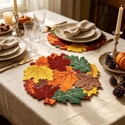 15'' Thanksgiving Maple Leaves Round Placemats Set of 4 for Table Decor | Handmade Embroidered Round Table Mats Fall Leaves Decor Heat Insulation Pad for Kitchen and Dining Table Centerpiece Decor - image 4