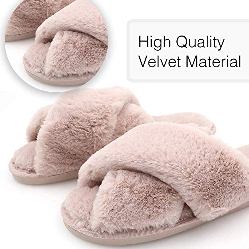 The Season Essentials U-slide Women’s Cross Band Soft Plush Fluffy Furry Fleece House Indoor or Outdoor Ladies’ Slide Slippers (Powder Pink, Large/9-10)4