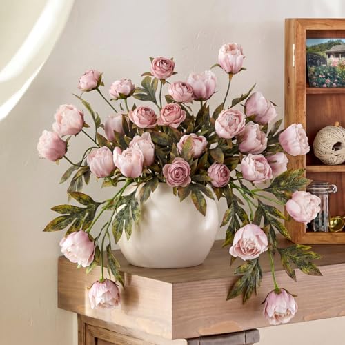 Thiccywoov Faux Silk Peony Artificial Flowers Stem for Vase 8 Pcs Brownish